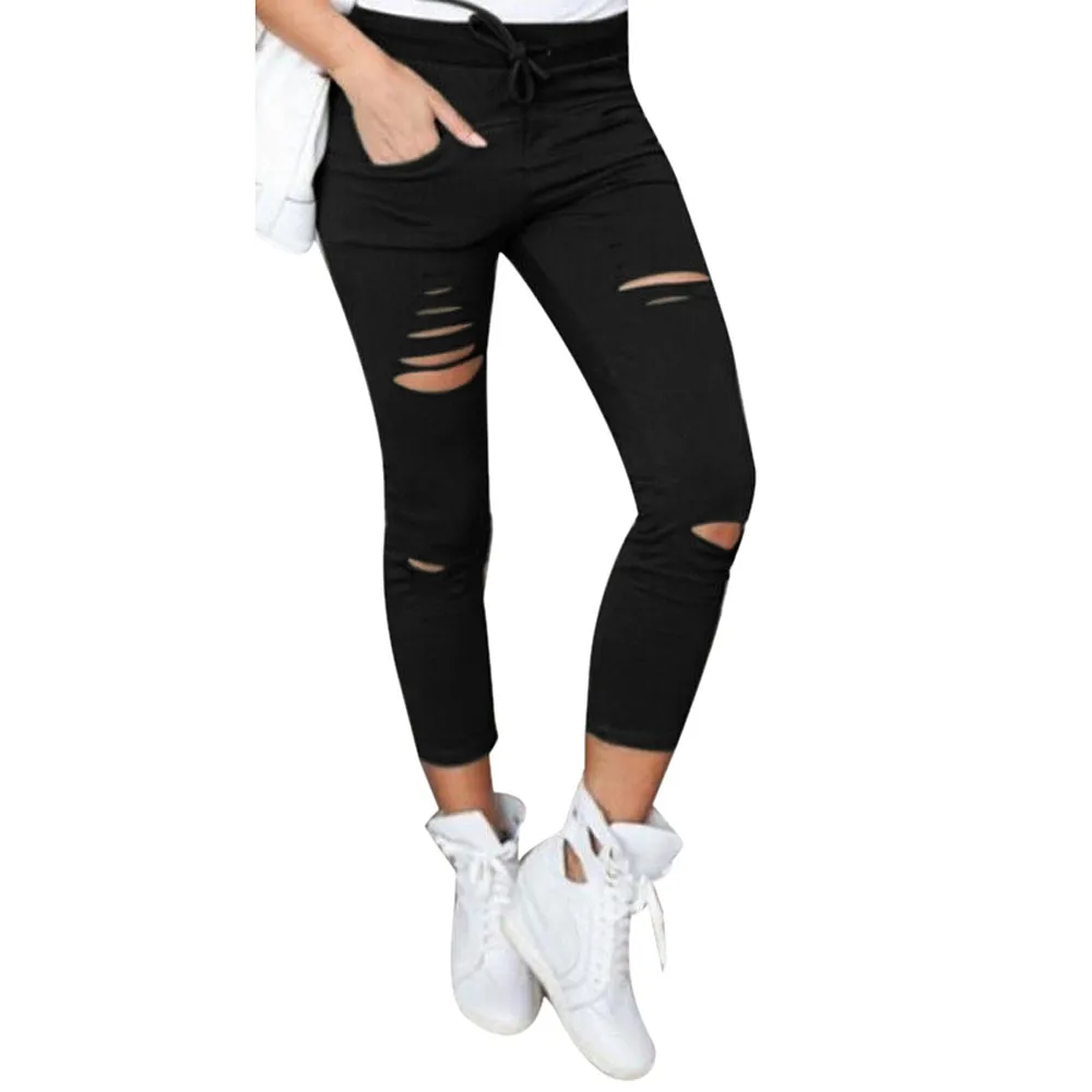 

Women Ripped Pants High Waist Stretch Leggings Slim Pencil Trousers Summer Autumn Long Pants Solid Color Skinny Pants