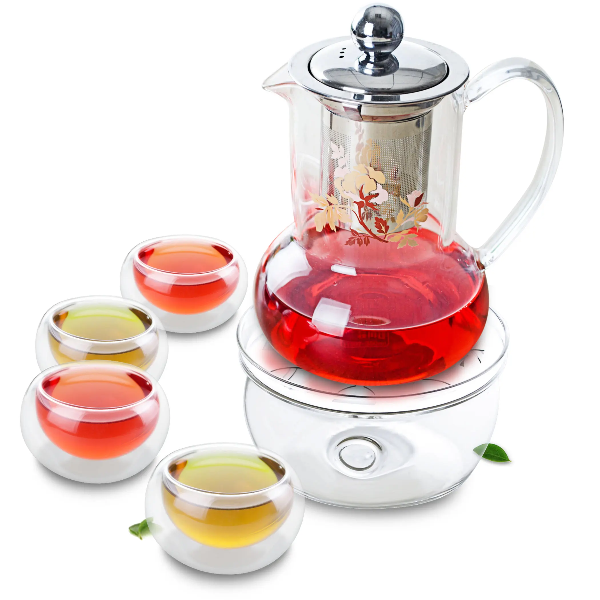 

Novelty Glass Tea Pot w/ Stainless Steel Filter & 4PC Small Cup & Warmer Set