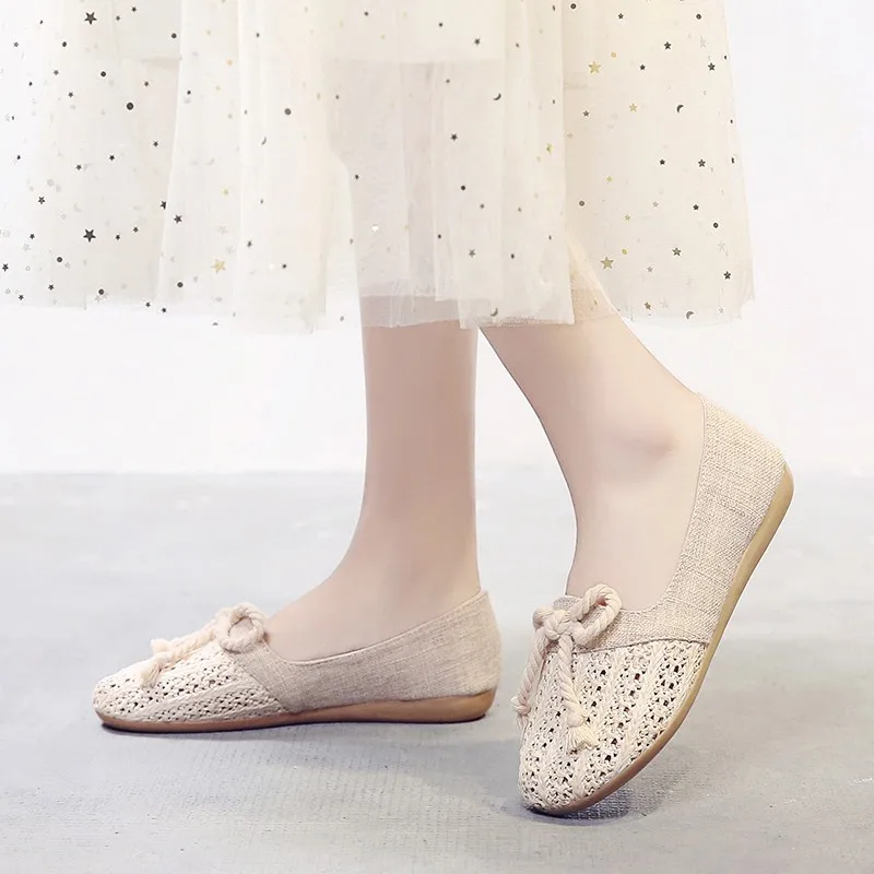 Summer Woven Sewing Flat Shoes for Ladies Slip On Ethnic Flats Breathable Espadrille Solid Woman Shoes Casual Footwear