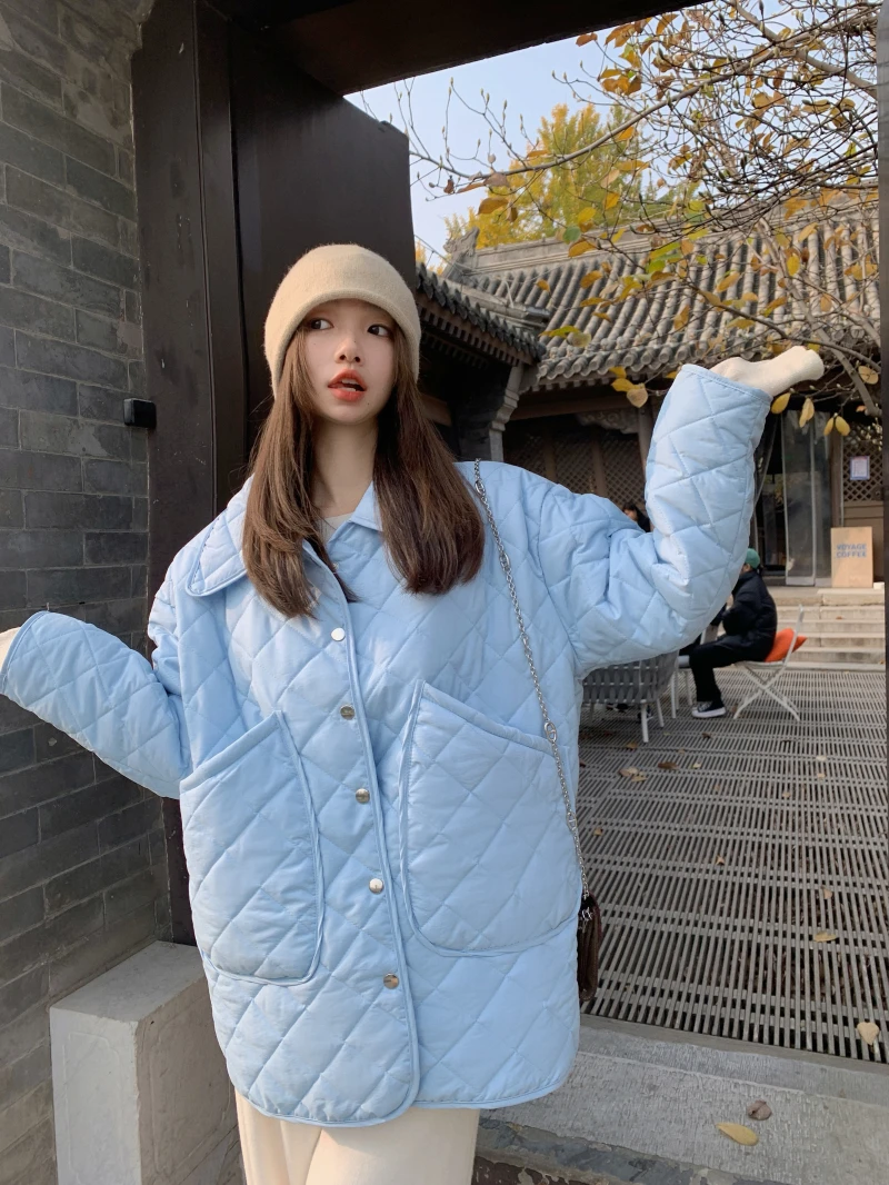 

Oversize Parkas Women's Blue Turn-down Jackets Vintage Coats Plaid Overcoat Female Solid Outwear Pockets Long Sleeves Long Coat
