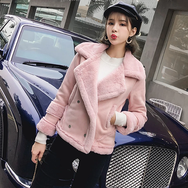 Korean Fashion 2020 Women Short Faux Fur Coats Velvet Woman Clothing Brand Designer Winter Women Overcoats Double Breasted A306