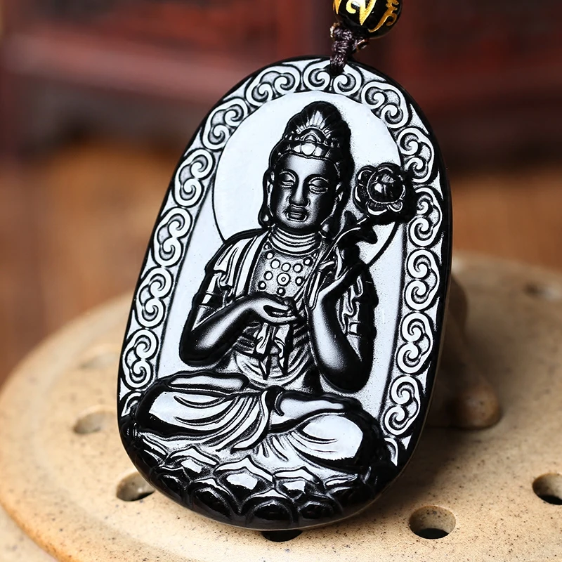 Натуральный черный обсидиан бусы ожерелье ручной работы Будда нефрит кулон