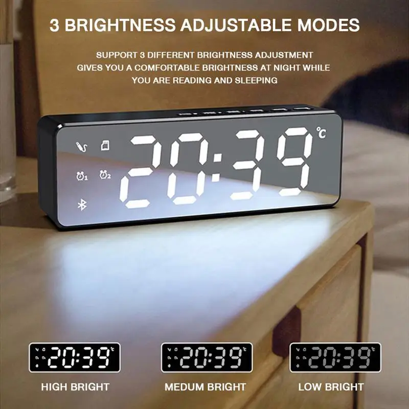 

B119 Smart Wireless Bluetooth Speaker Bedside Alarm Clock Stereo Subwoofer with Temperature Monitor Dimmable Display