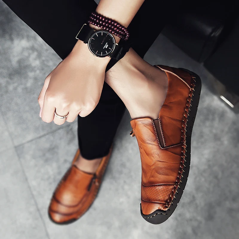 Туфли мужские кожаные классические удобные повседневные лоферы спилок плоская