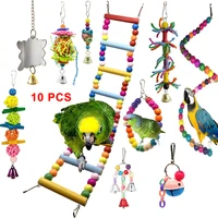 10pcs parrot toys metal rope ladder stand hanging hammock budgie cockatiel cage toys colorful climbing chewing bell bird toy