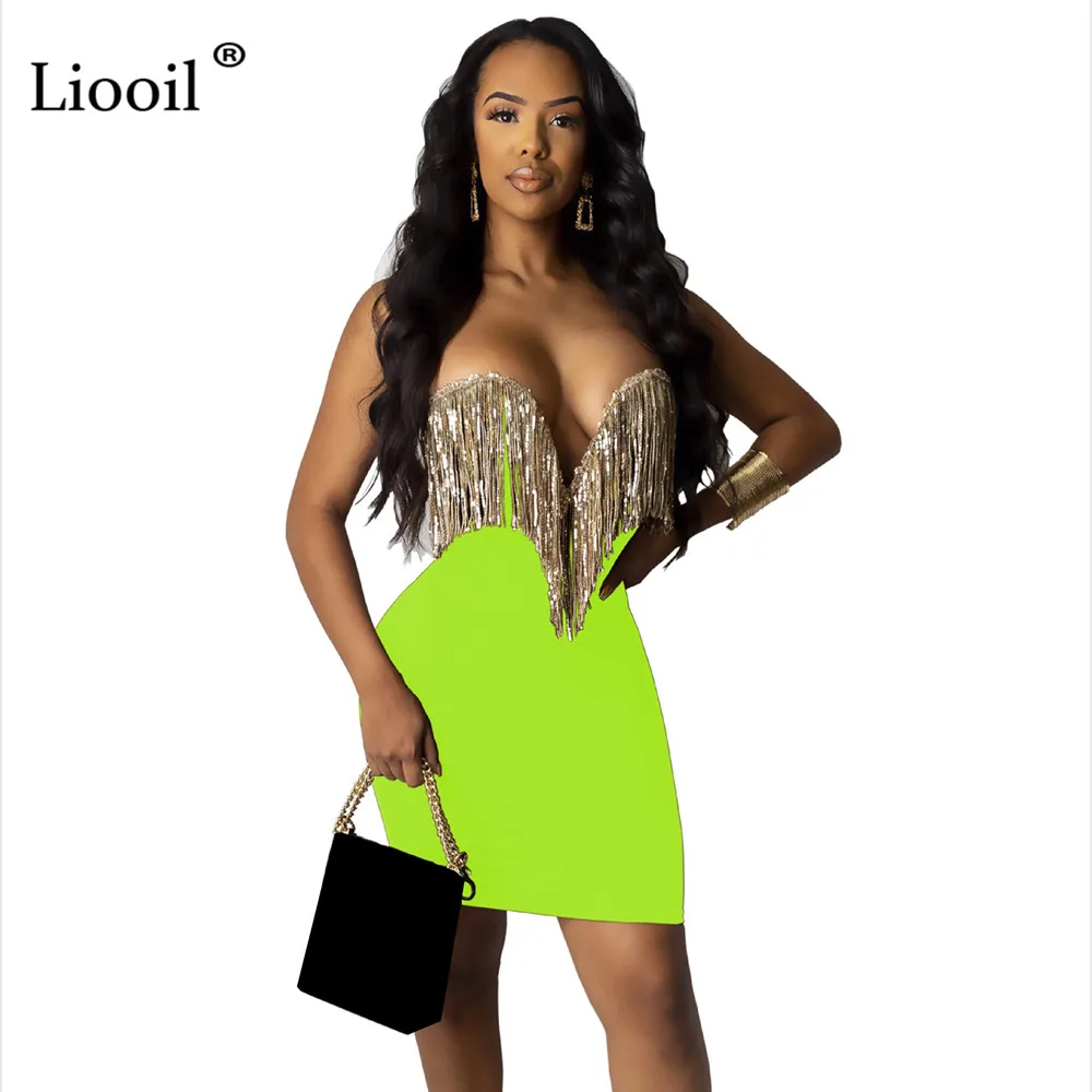 Neon Green Liooil сексуальное облегающее мини-платье с открытыми плечами, блестками и кисточками, v-образный вырез, высокая талия, черные облегающие платья, женские вечерние Клубные платья - Цвет: Neon Green
