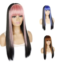 jeedou long hair whit bangs straight hair wig synthetic balayage highlighted black pink blue color modern young girls wigs