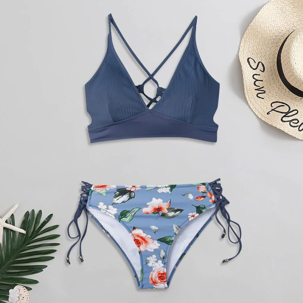 Women Swimsuit Rainbow Coloured Bandeau Bandage Bikini Set Push-Up Brazilian Summer Beach Wear Female Bathing Swimwear #45 | Женская