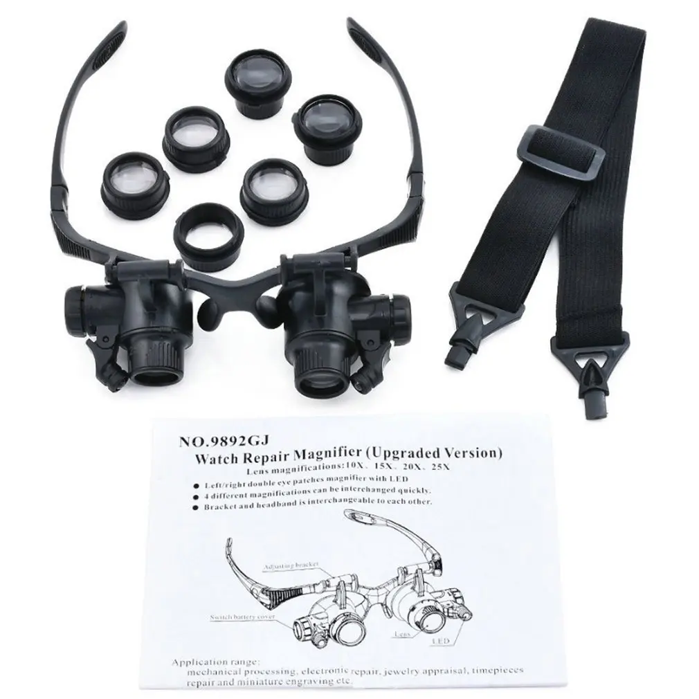 LED Head-Mounted Magnifier Double Eye Glasses Loupe Lens Jeweler Watch Repair Measurement With Lamp | Аксессуары для одежды