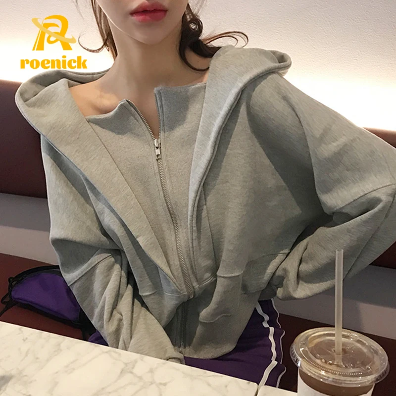 

Женские повседневные короткие толстовки ROENICK, женские корейские толстовки на молнии, свободные осенние толстые пуловеры, черное пальто, спо...