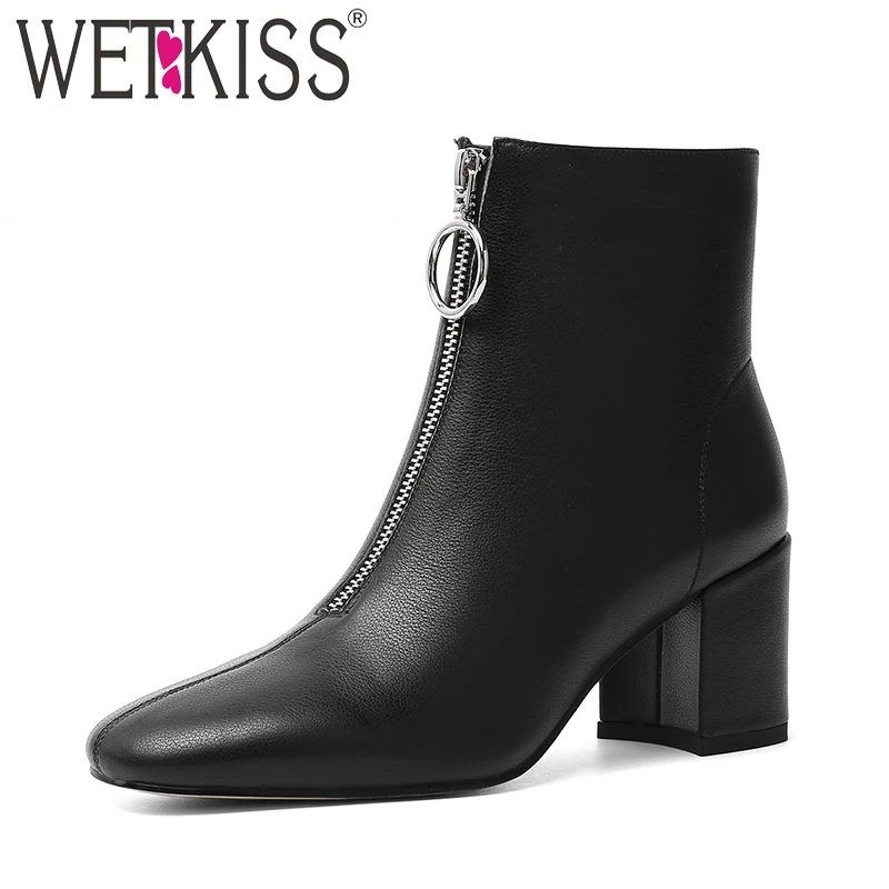 WETKISS/сапоги на высоком каблуке; женские ботильоны из натуральной кожи; женская обувь с квадратным носком; женская модная офисная обувь на молнии; Сезон Зима;
