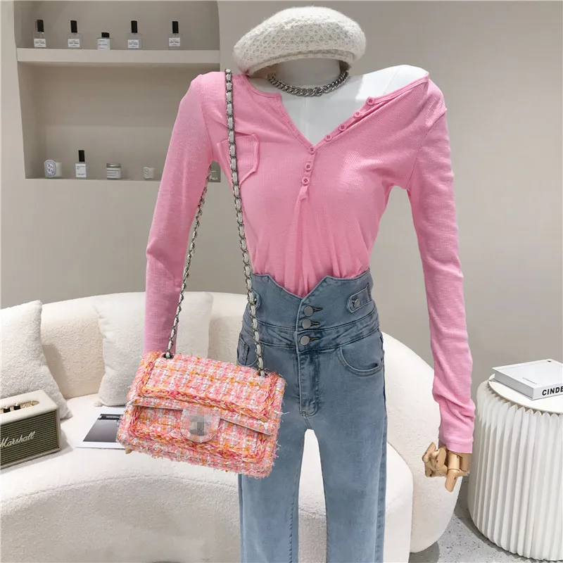 

Women's Spring Summer 2021 Niche Design Fashion Thin Short T-shirt Long Sleeve Design High Waisted Slim Breasted Top