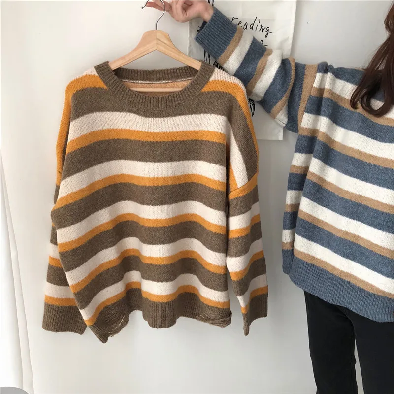 Корейский шикарный винтажный вязаный свитер в полоску с длинными рукавами стиле