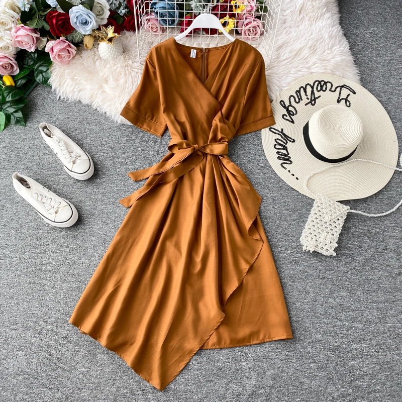

LISM 2020 New Slim Vintage V Neck Bandage Dress Summer Sashes A-line Party Dress Women Casual Irregular Bohemian Dresses Vestido
