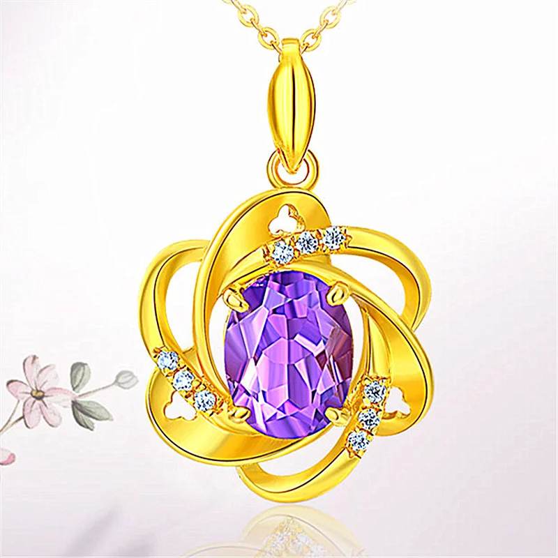 

Trendy Silver Plated Necklace For Women Jewelry Charming Crystal Purple Clover Flower Pendant Necklaces Female Choker Gift