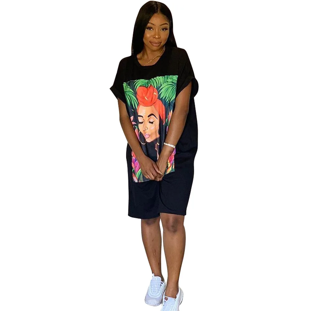 

SSEURAT 2021 Summer Women Character Print Short Sleeve Knee Length Slim Tee Dress Fashion Streetwear Casual Dresses