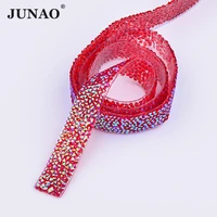 junao 5 yard15mm red ab hotfix rhinestones chain trim glitter crystal patch iron on strass ribbon applique for decorative