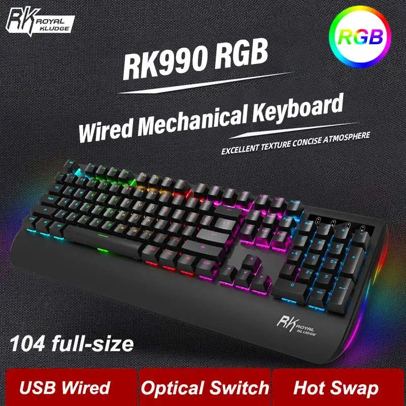 

Игровая механическая клавиатура RK990, 104 клавиши, RGB, оптический переключатель горячей замены, USB Проводная Механическая клавиатура NKRO с подст...
