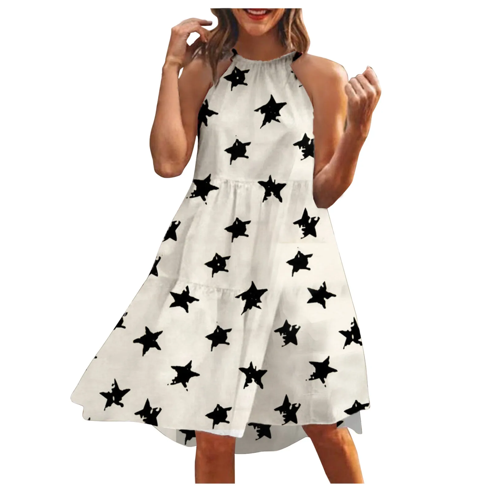 

Женское летнее платье без рукавов, свободное платье до колен с круглым вырезом и принтом, Женская Праздничная маленькая юбка, летняя женска...