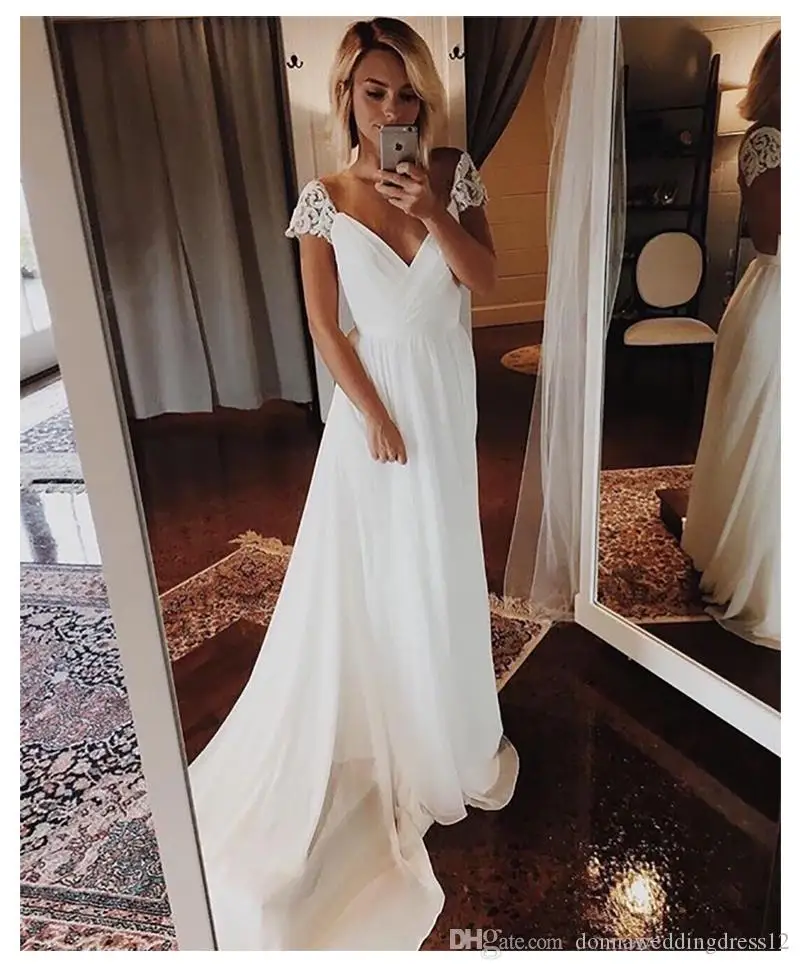 

New Cap Sleeves Wedding Dress 2020 V Neck Chiffon Appliques Illusion Buttons Back Beach Bridal Dress Cheap High quality Wedding