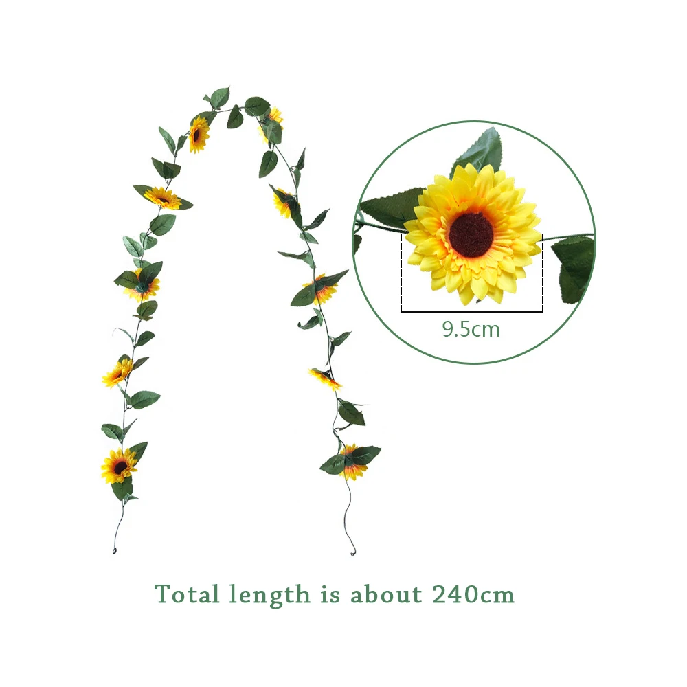 

240CM Artificial Sunflower Garland Silk Sunflower Vine Artificial Flowers Garland With Green Leaves For Wedding Party Home Decor