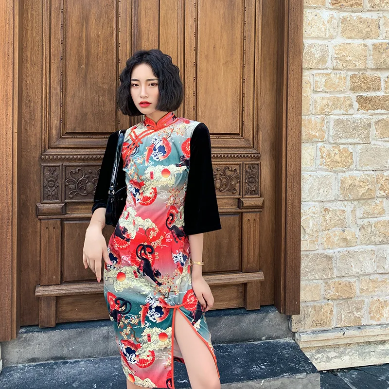 Винтажное китайское современное платье qipao с разрезом по бокам вечернее для