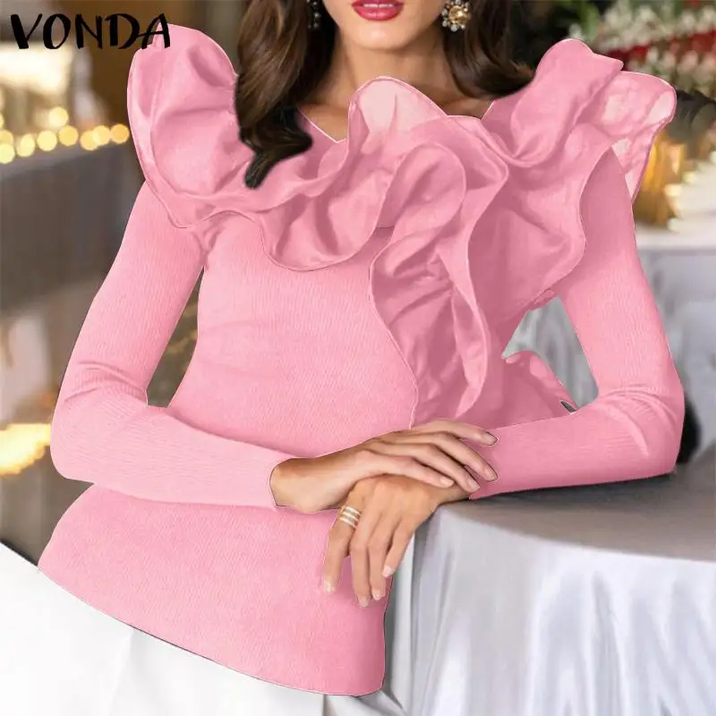 

Осенняя Блузка с оборками 2021 VONDA, женские праздвечерние чные Топы с длинным рукавом, Осенние повседневные однотонные элегантные офисные блу...