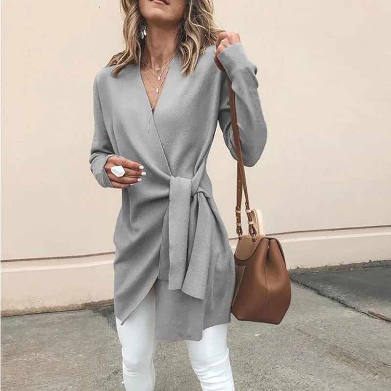 

PEONFLY Fashion Women Elegant Solid Cardigan Vintage Jumper With Belt Ladies Fashion Oversized Knitted Cardigan Coat Jacket