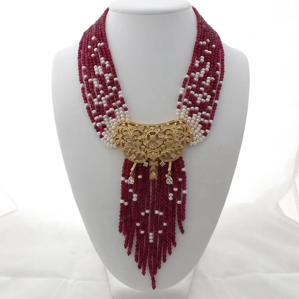 

Очаровательный 9 прядей белый пресноводный жемчуг красный, зеленый камень ожерелье микровставки из циркона аксессуары кулон длиной 48-58 см