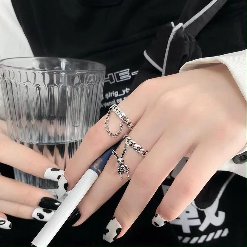 

Smiling face chain letter double ring female personality retro opening adjustable lovers ring