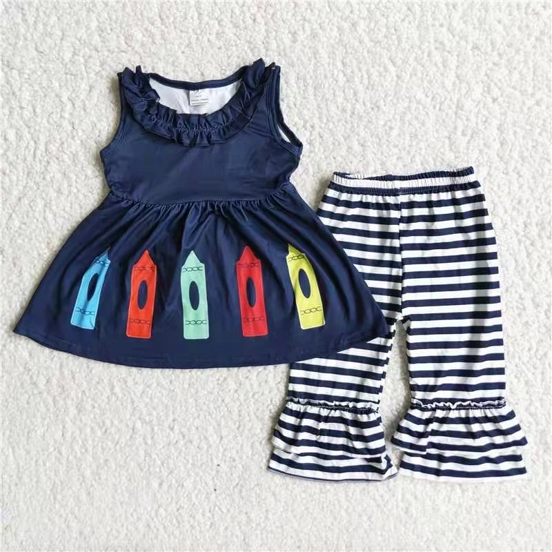 

Wholesale RTS Baby Pencil Stripe Sleeveless Dress Ruffle Tunic Design Toddler Clothes Kids Boutique Clothing Girls Set