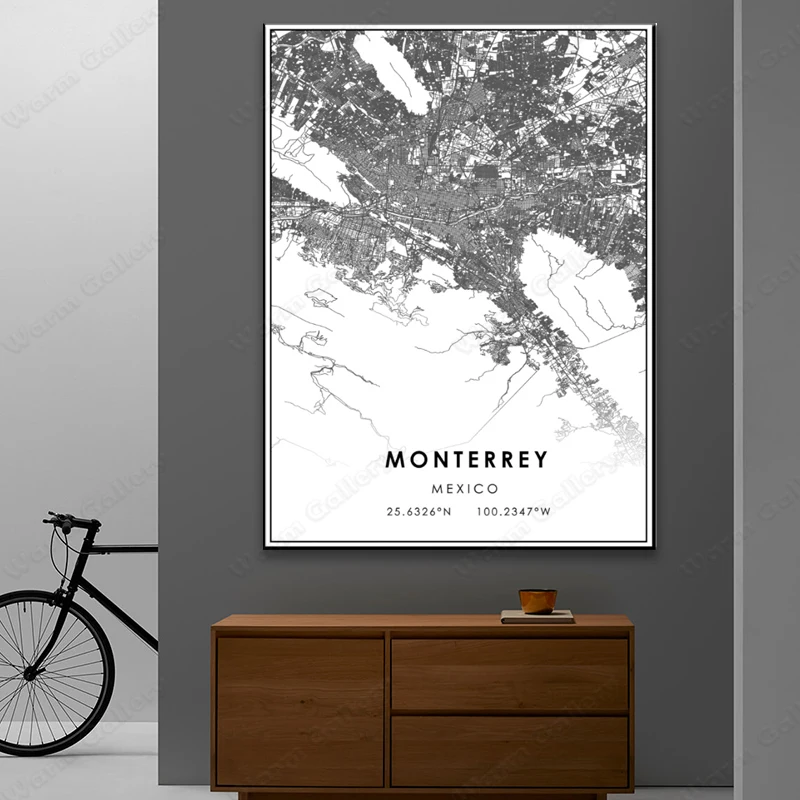 Черно-белая карта города Мексики Монтеррея плакат HD печать настенное искусство