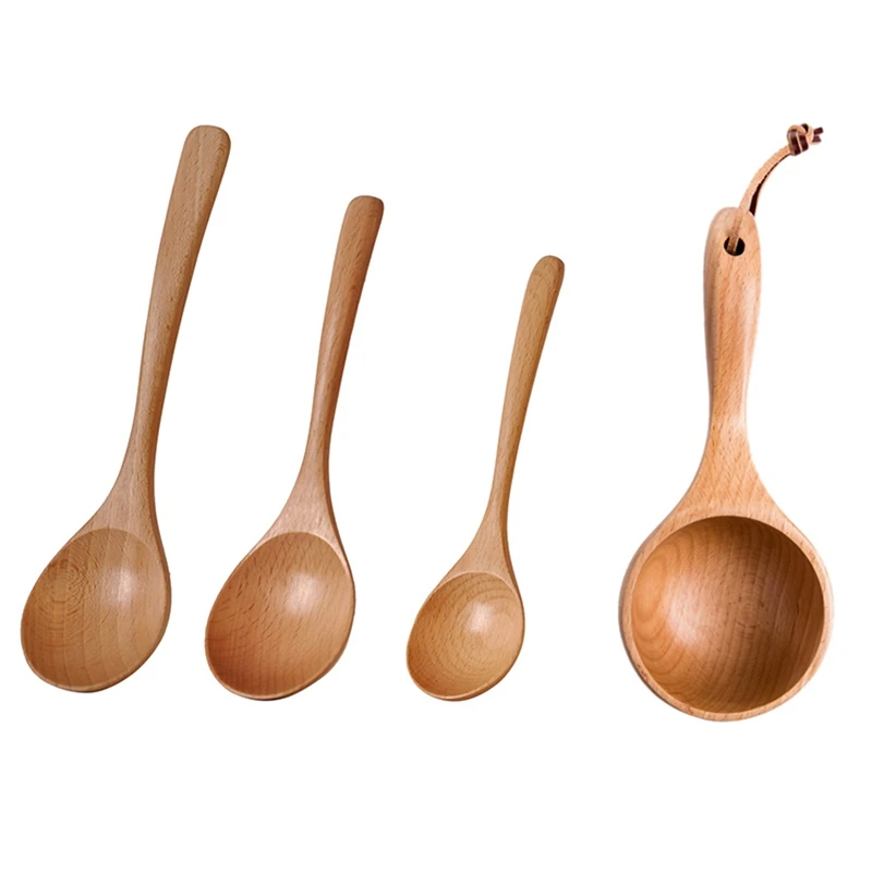

4 Pcs Solid Wood Scoop For Dinner, Salad Desserts, Snacks, Cereal, Fruit, 1 Pcs A & 3 Pcs B