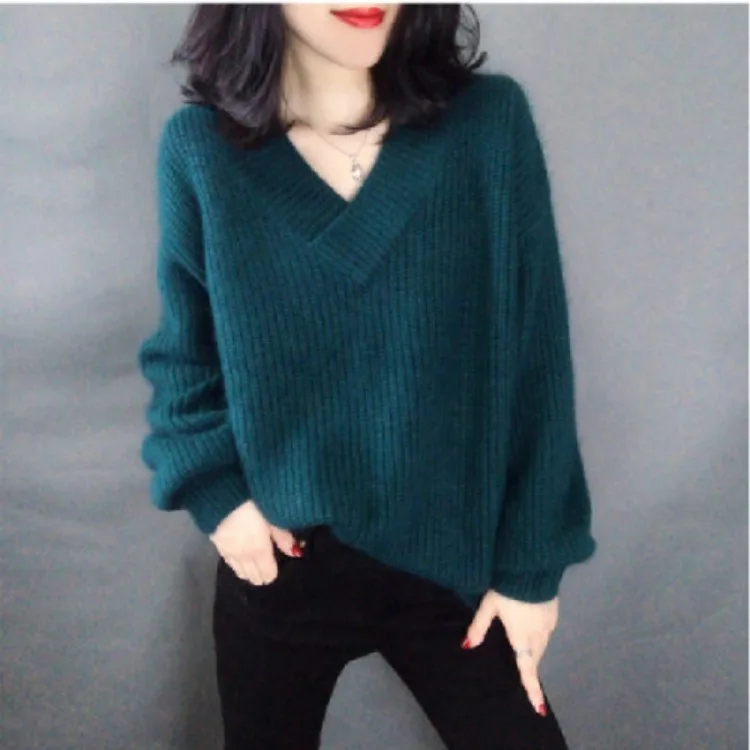 

Women's Loose Thickened V-neck Bottoming Sweater with 2020 New Style for Autumn and Winter Lantern Sleeve Mohair Sweater