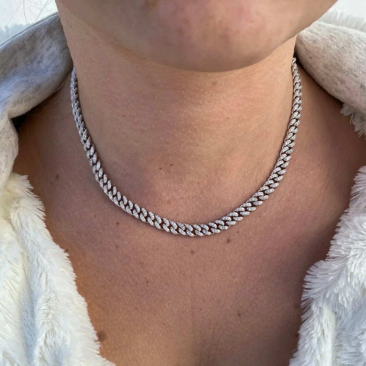 

6.5MM Width thin cz cuban link chain choker necklace 5A cubic zirconia cz iced out bling hiphop women lady party jewelry