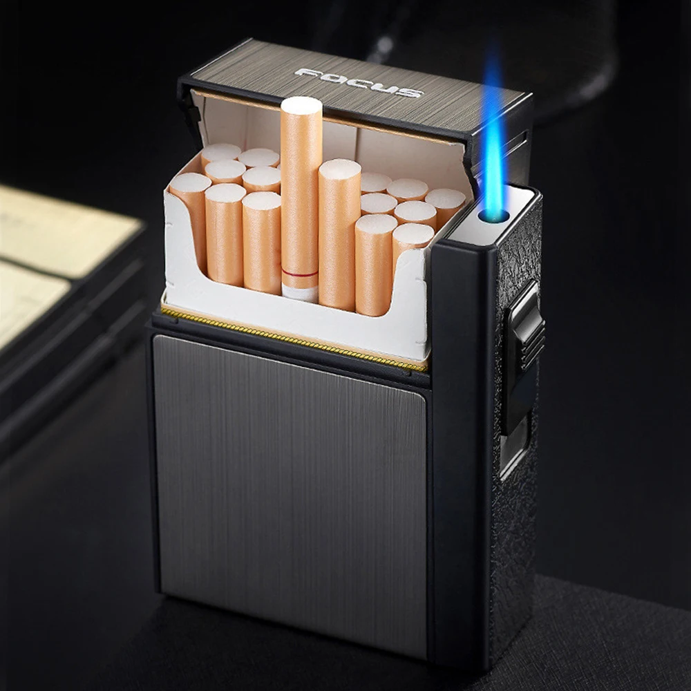 

Metal Cigarette Case With Gas Lighter Hold 20Pcs Cigarettes Windproof Direct Inflatable Flame Lighter Smoking Tools Men's Gifts