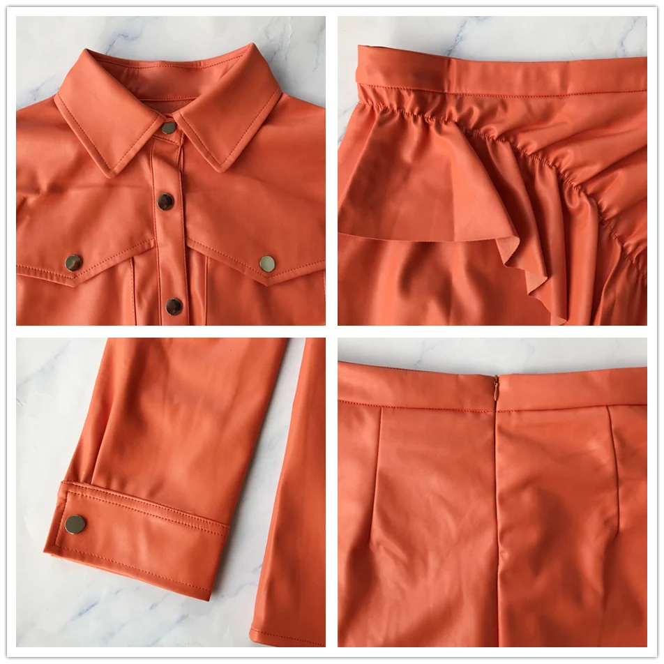 

Pu Leather Two-Piece Female Lapel Collar High Waist Ruffle Skirt Women Suit 2019 Autumn And Winter Fashion New