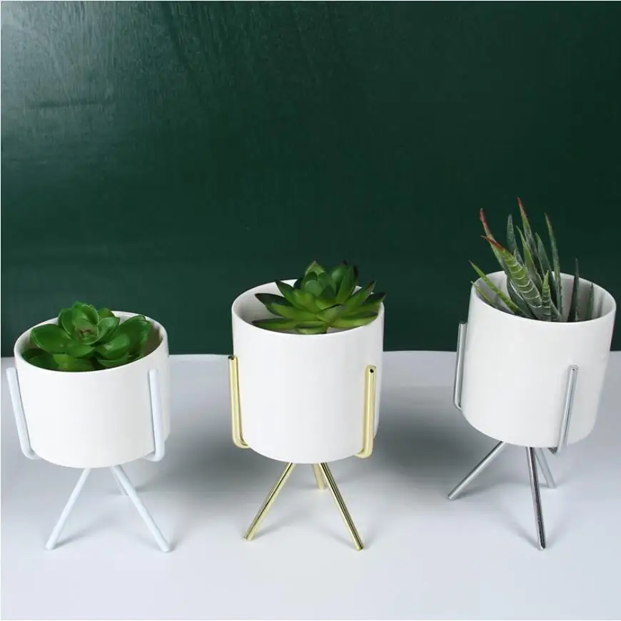 

TECHOME 2021 Fashion Style Ceramic Flower Pot Elegant Gold Iron Frame Flower Plant Holder Succulent Pot Office Desktop Ornament