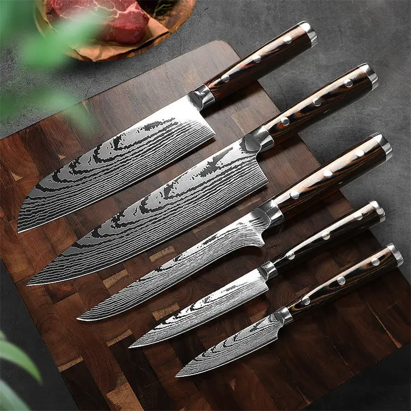 

5Pieces Kitchen knives Set Damascus Damascus Sanding Laser Polish Process Carbon Knives Slicer Cleaver Santoku Knife Chef knife