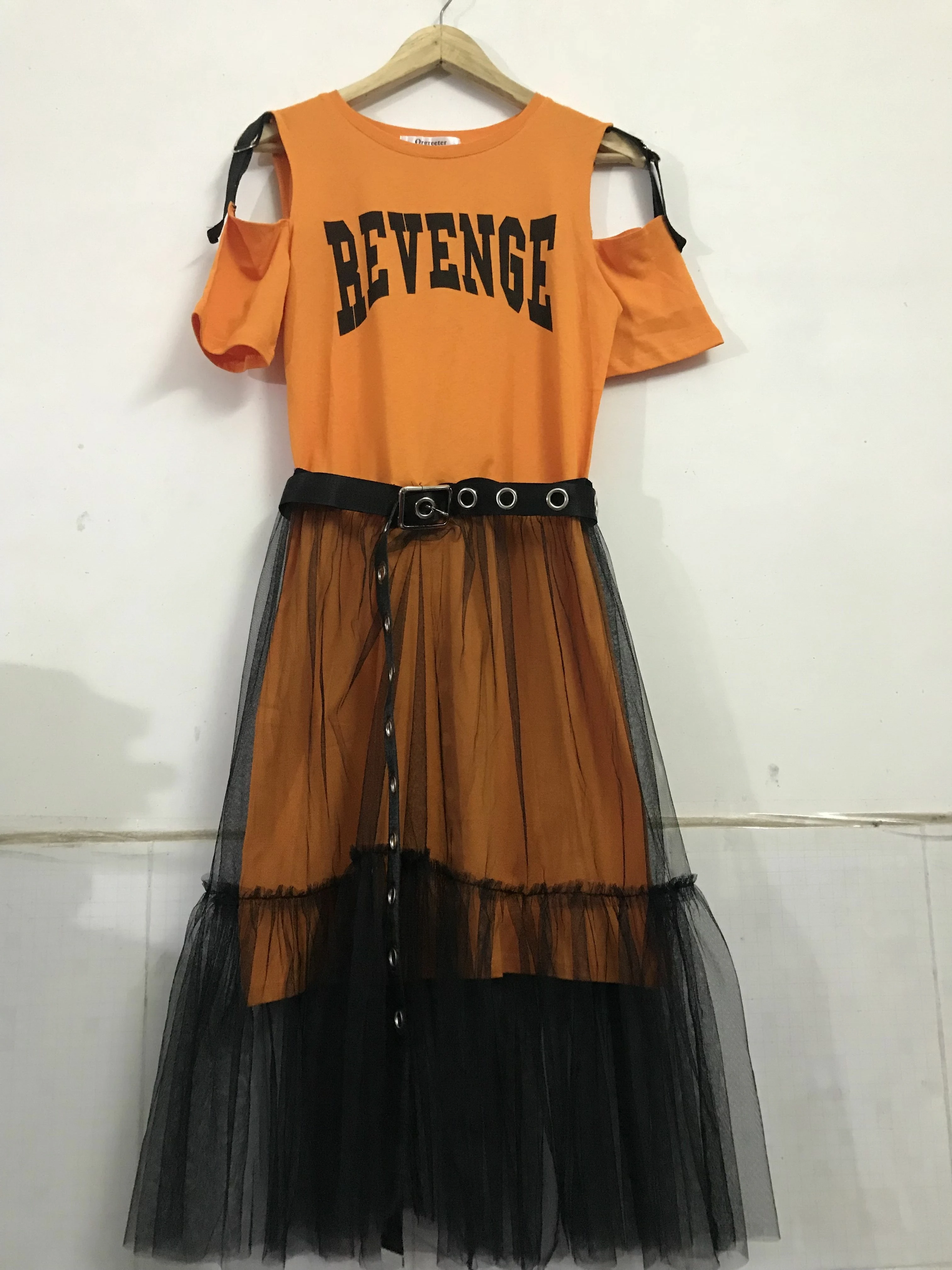 

Summer Women's Letter print Strapless Long T-shirt +Mesh See Through Skirt 2 Piece Sets Fashion Belt Skirts Suits