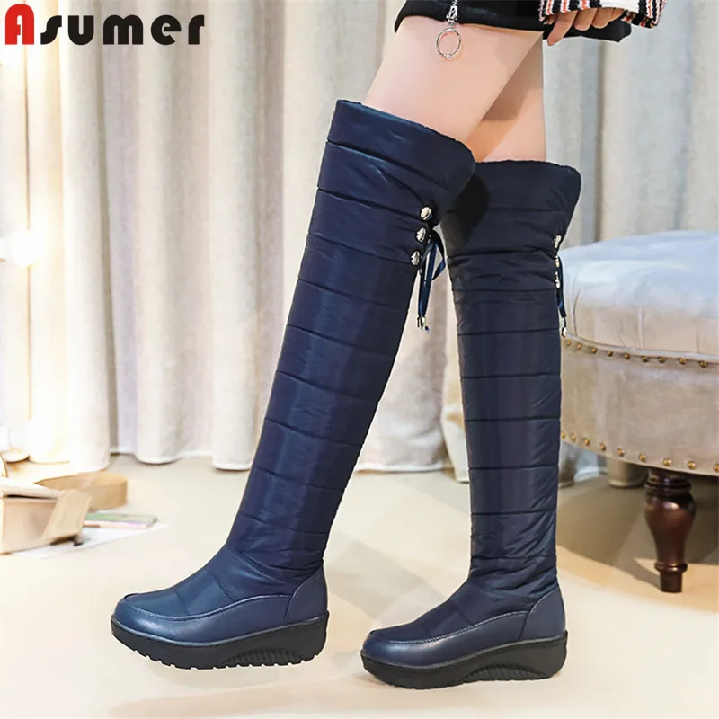 ASUMER/Большие размеры 35-44, российские теплые зимние ботинки женские зимние ботинки с густым мехом женские Сапоги выше колена на танкетке