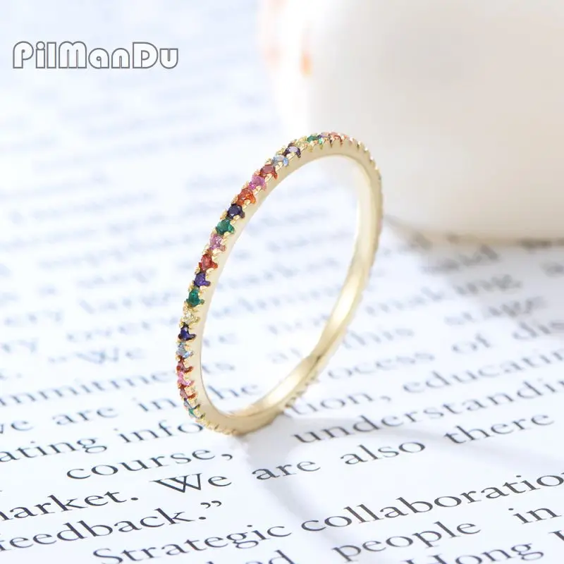 

PilManDu S925 Sterling Silver Prevent Allergy Rings Golden Colorful Zircon Red Corundum Woman Man Couple Rings Lover Wholesale