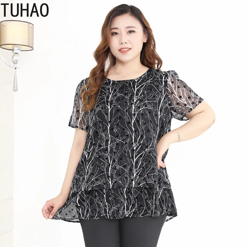 

TUHAO Chiffon Office Lady Blouse for Mother Mom Print Elegant Woman Chiffon Blouses Shirts 10XL 9XL 8XL Oversized Tops WM05