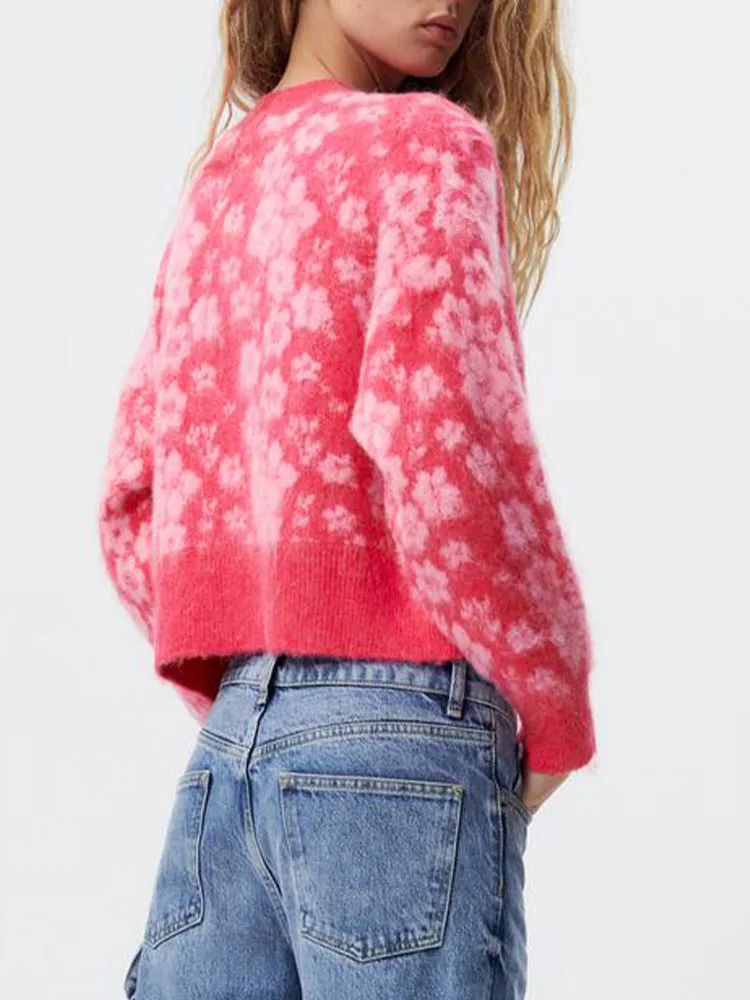 

Женский жаккардовый свитер, Розовый Мягкий Вязаный Пуловер с круглым вырезом и длинным рукавом, осень