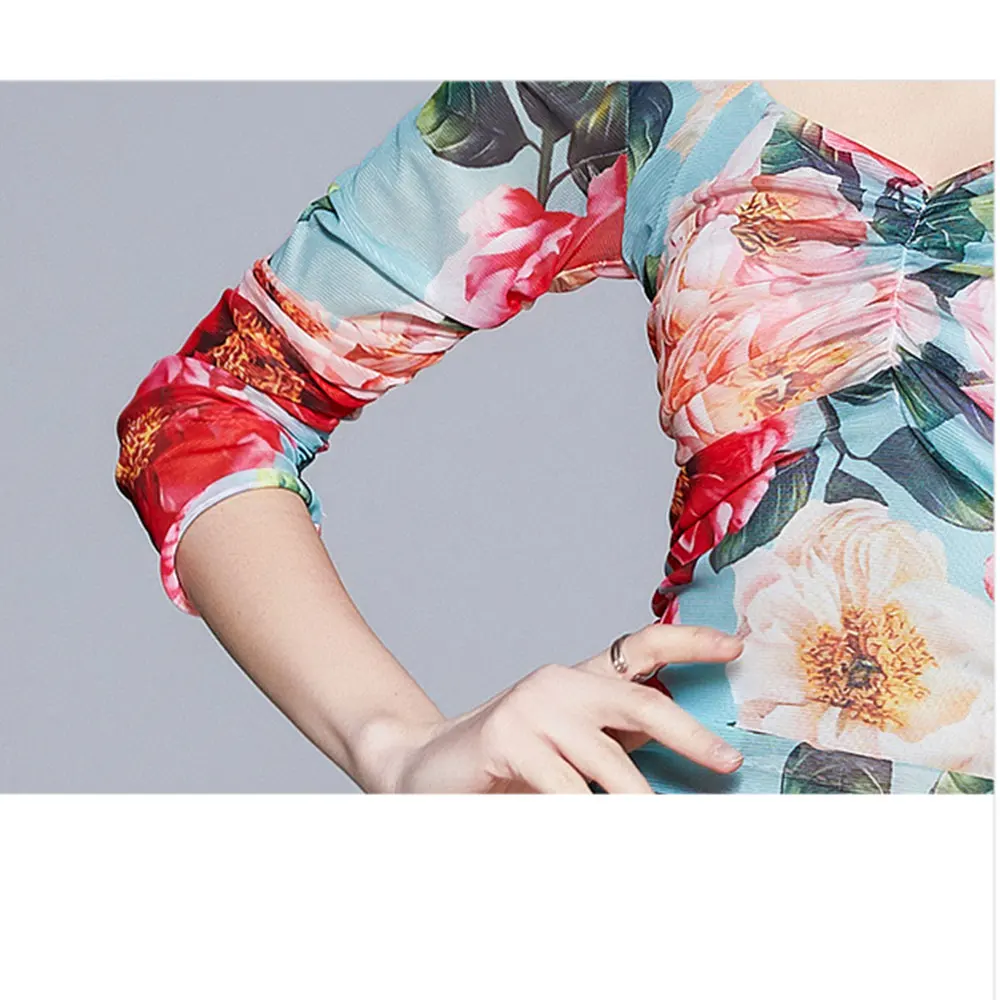 

Merchall 2021 Woman Sexy Package Hip Long Mesh Dress Elegant Flower Print Puff Sleeve Elatstic Wasit Slim Party Vestidos M66821
