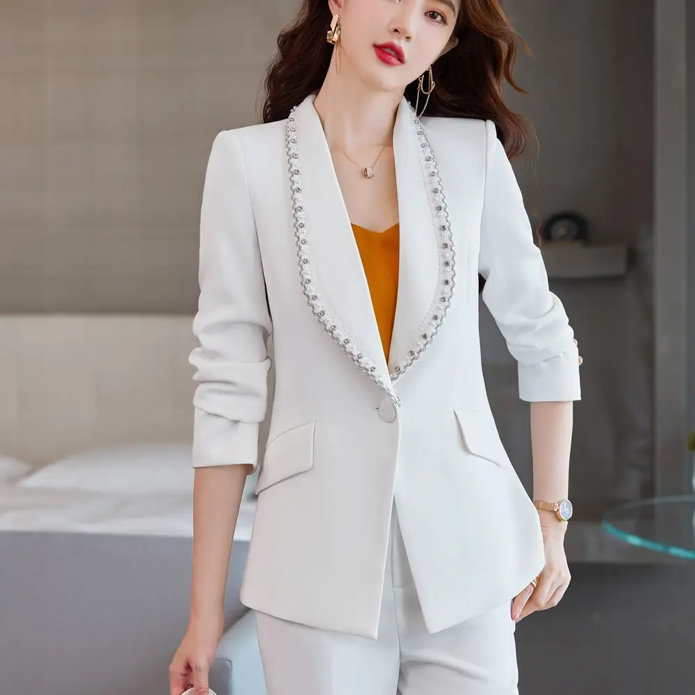 

white autumn winter new women's suit pants suit office pants professional jacket and Pants Set2 piece set pant suits for women