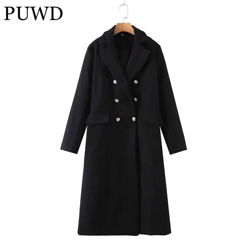 

PUWD Casual Women V Neck Straight Coat 2021 Autumn Fashion Ladies High Street Vintage Coat Female Solid Color Woolen Coat