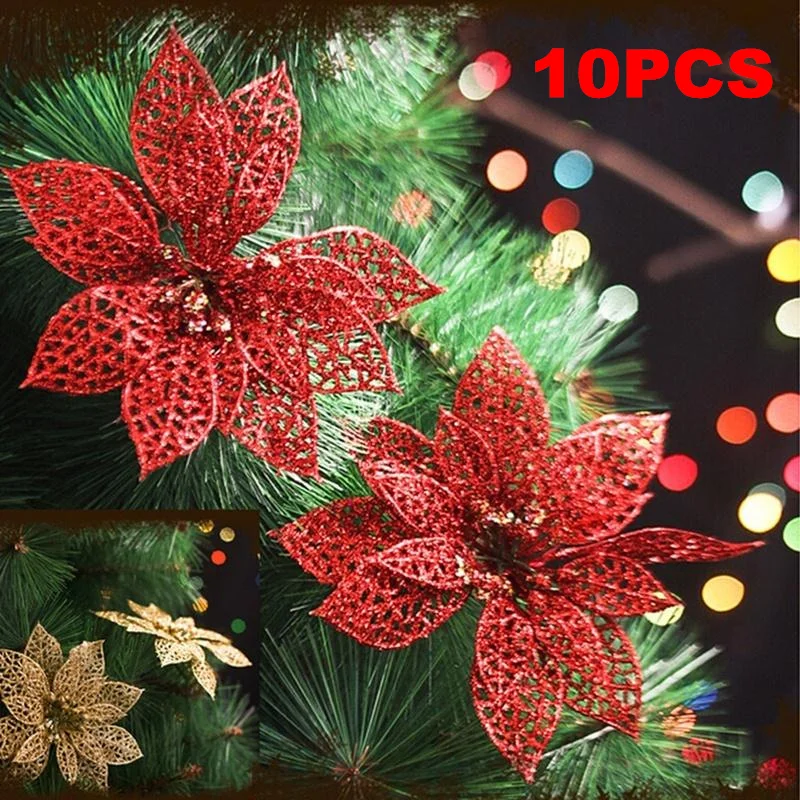 

1PCS/LOT Christmas Tree Decorations Glitter Hollow Artificial Flower Christmas Decorations For Home Weeding New Year Ornament