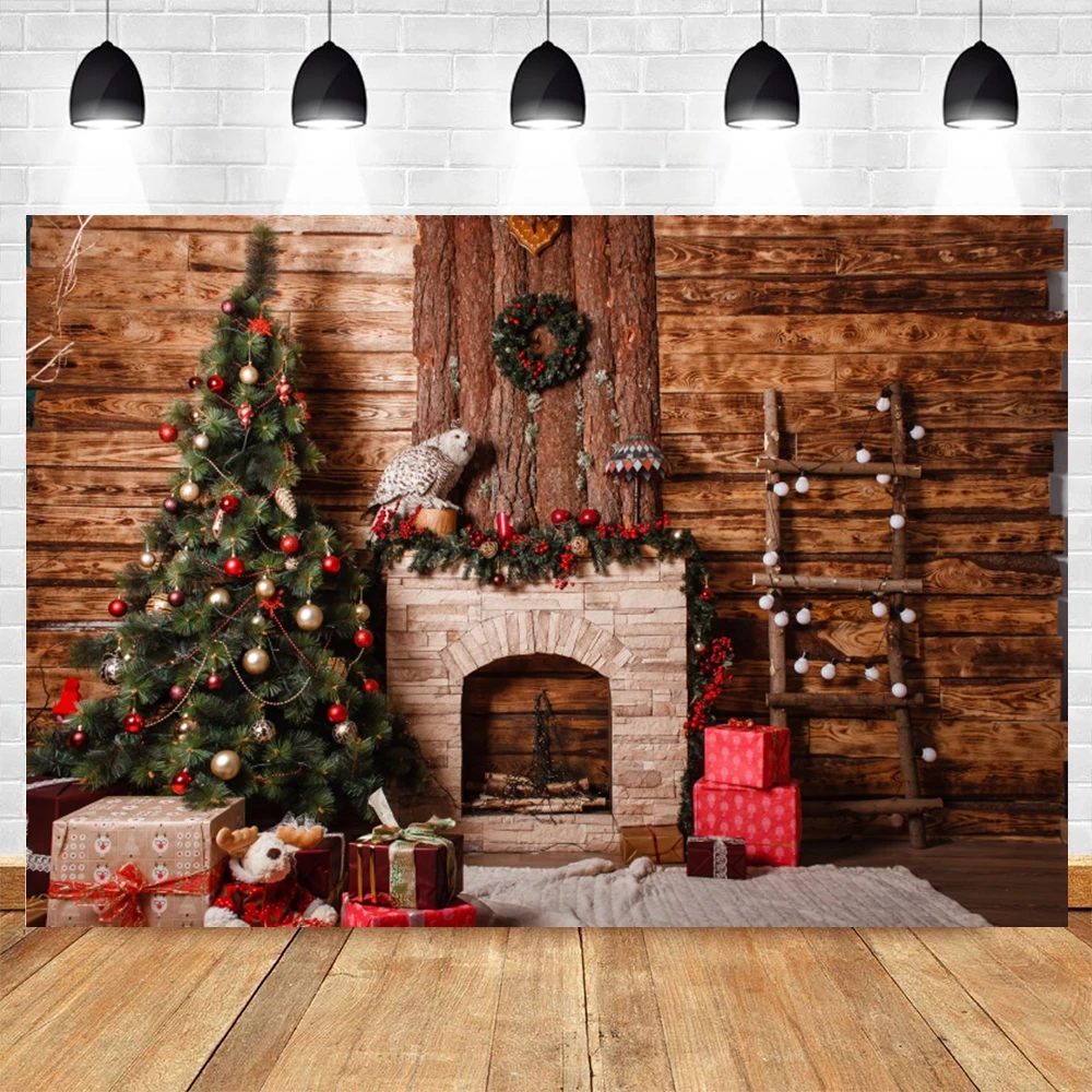 

Christmas Photography Backdrop Wood House Room Interior Fireplace Tree Baby Photographic Background Photo Studio Photophone Prop