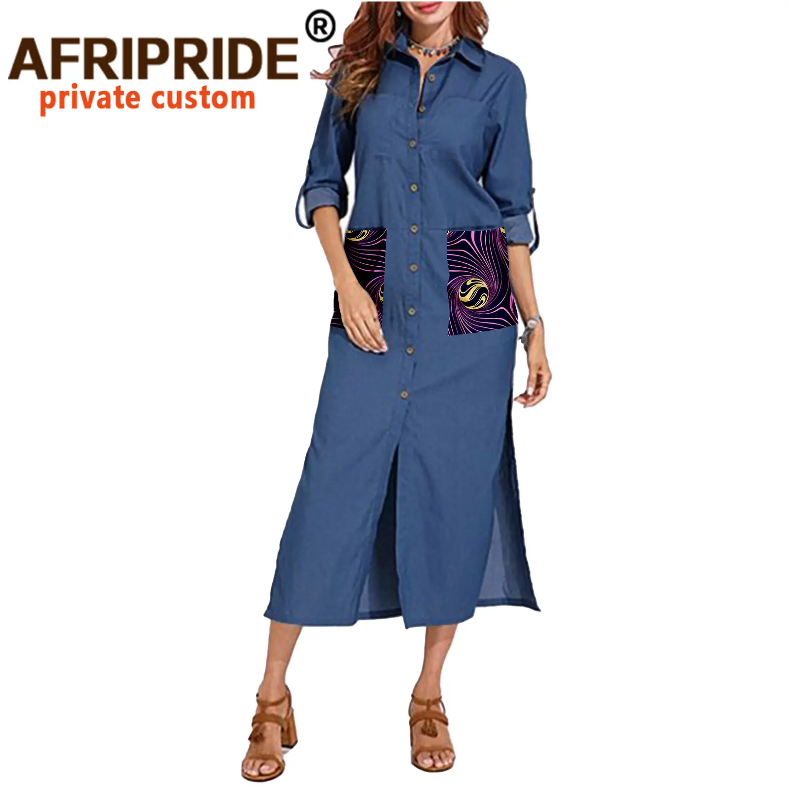 African Dresses for Girls A-Line Mid-Calf Length Women Ankara Print Denim Dress with Pockets A2025033